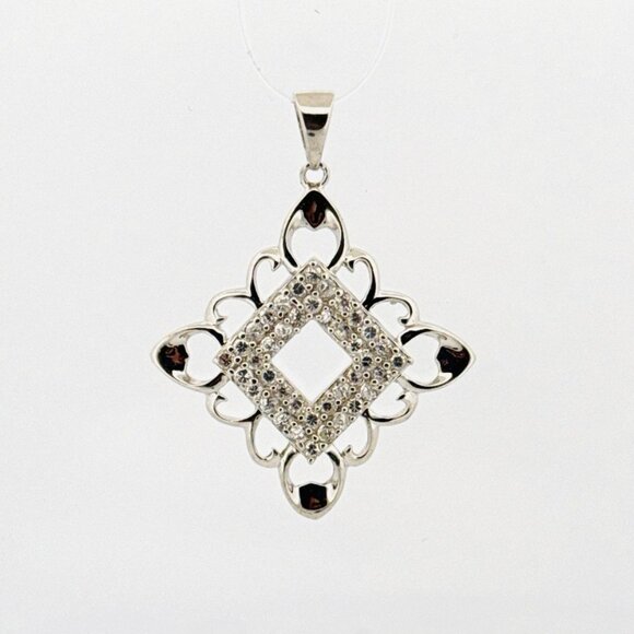 Brand New Fancy Designer Pendant 925 Sterling Silver Encrusted w/ White Crystals - Picture 1 of 10